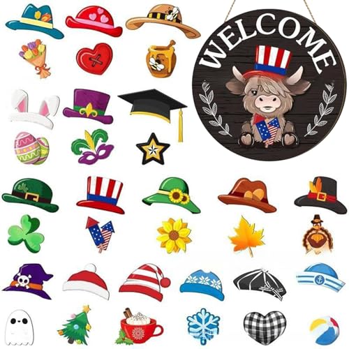 qokeeu Willkommensschild - Saisonales Holzkuh Türdekoration Willkommensschild Set - Saisondeko Für Herbst Weihnachten Halloween Wohnung Büro Geschenk qokeeu Willkommensschild - Saisonales Holzkuh Türdekoration Willkommensschild Set - Saisondeko Für Herbst Weihnachten Halloween Wohnung Büro Geschenk von qokeeu