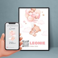 Baby Geldgeschenk | Digitales Sparkonto Personalisiertes Qrcode Bild Motiv Geburt Rosa von qrcodegalerie