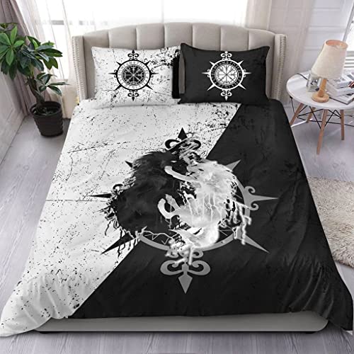 Viking Wolf Skoll und Hati Norse Compass Odin Vegvisir Schwarz-Weiß-Bettwäsche-Set, 3D-Druck, Vintage-Tattoo-Design, weiche Anti-Falten-Bettwäsche, maschinenwaschbar ( Color : Black , Size : 135x200cm von qsebhnj