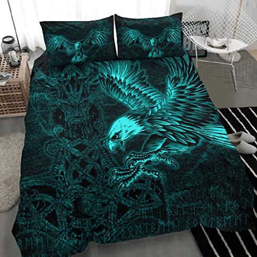 Wikinger-Bettwäsche-Set, 3-teilig, keltischer Rabe, Mjolnir, Thors Hammer, nordische Mythologie, 3D-Druck, Vintage-Tattoo-Design, weich, faltenfrei, maschinenwaschbar mit Reißverschluss ( Color : Cyan Wikinger-Bettwäsche-Set, 3-teilig, keltischer Rabe, Mjolnir, Thors Hammer, nordische Mythologie, 3D-Druck, Vintage-Tattoo-Design, weich, faltenfrei, maschinenwaschbar mit Reißverschluss ( Color : Cyan von qsebhnj