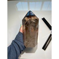 Polierter Rauchquarz Turm Mit Dicken Silber Rutil - Einschlüssen, Phantomen Und Texturierten Chlorit Einschlüssen von quartzetc