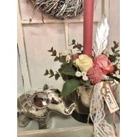 Haltbare Tischdeko Holztablett Kunstblumen Geschenke Stabkerze Nr. 264 von quedeko