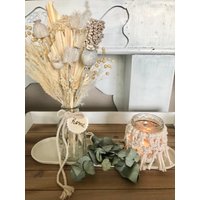 Haltbare Tischdeko Trockenblumen Blumenstrauß in Vase Makramee Kerzenschein Nr. 119 von quedeko