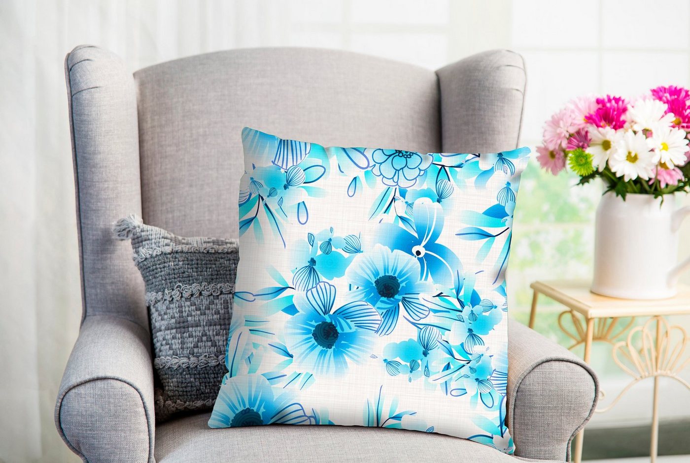 queence Dekokissen Fantor, Kissenhülle,Blaue Blumen,Florales Muster,Frisch,Blüten,Natur von queence