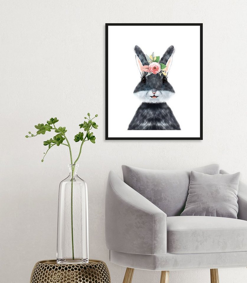 queence Bild Albino, Blumen, Hase, Hasen, Haustiere, Kunst, Ostern (1 St), mit Rahmen, schwarz von queence