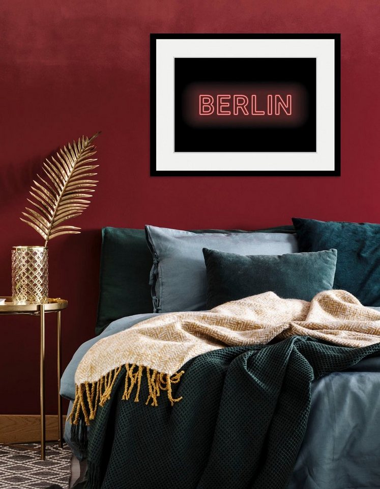 queence Bild BERLIN LIGHTS, Berlin, Schriftzug, Städte (1 St), HD Premium Poster-Druck inkl. Holzrahmen von queence