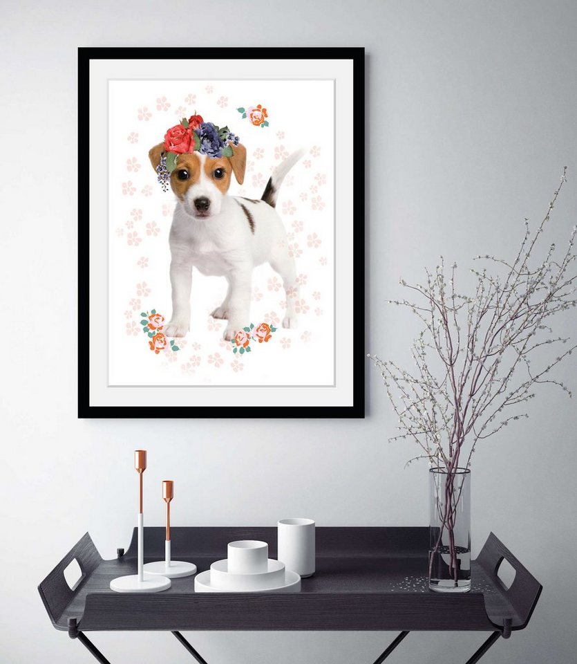 queence Bild Blumenhund, (1 St), HD Premium Poster-Druck inkl. Holzrahmen von queence