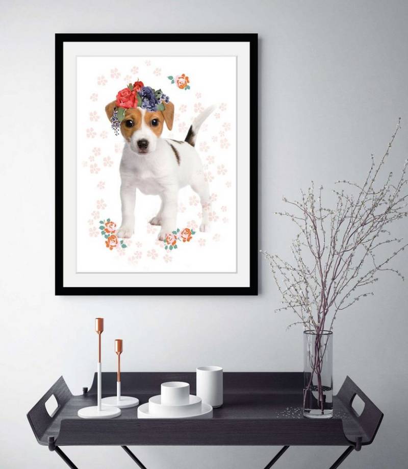 queence Bild Blumenhund, (1 St), HD Premium Poster-Druck inkl. Holzrahmen von queence