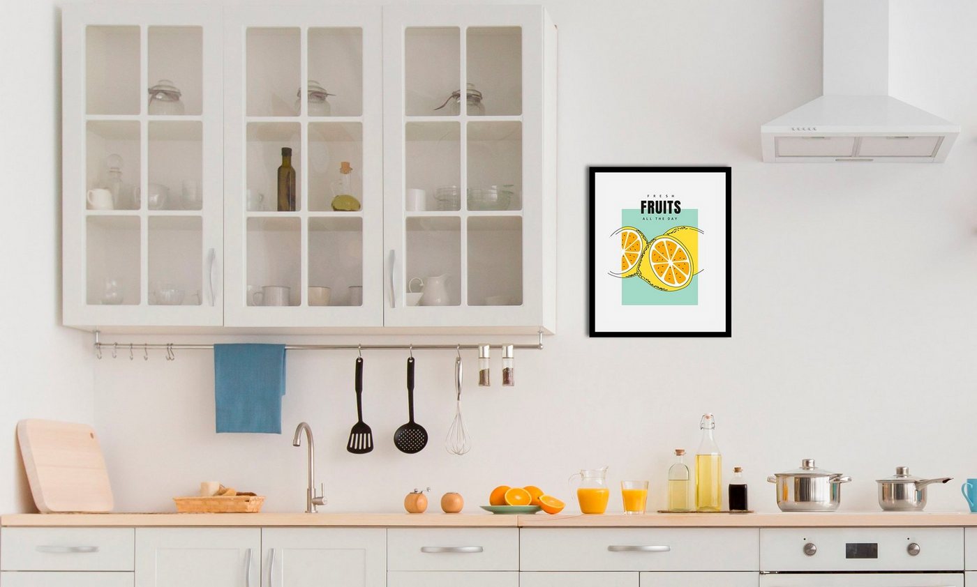 queence Bild Fresh Fruits, Abstrakt, Essen, Kunst, Lebensmittel, Obst, Obst Bilder, Schriftzug (1 St), gerahmt von queence