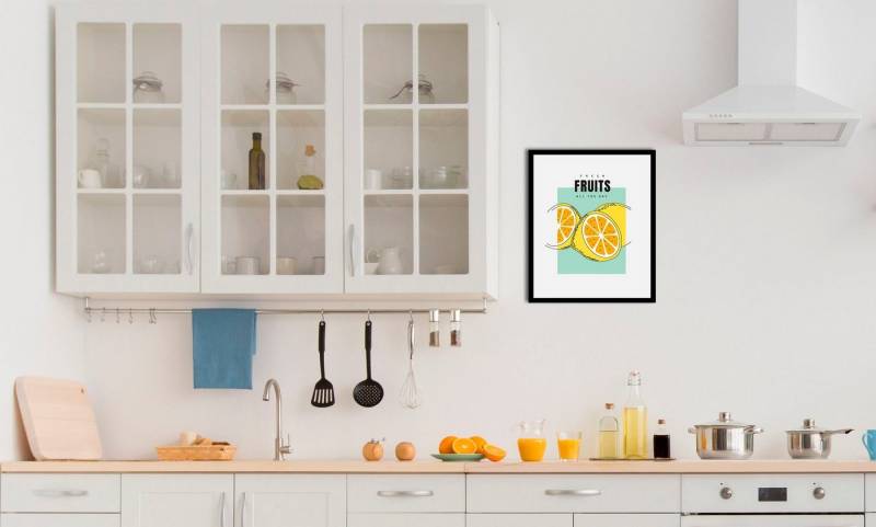 queence Bild Fresh Fruits, Abstrakt, Essen, Kunst, Lebensmittel, Obst, Obst Bilder, Schriftzug (1 St), gerahmt von queence