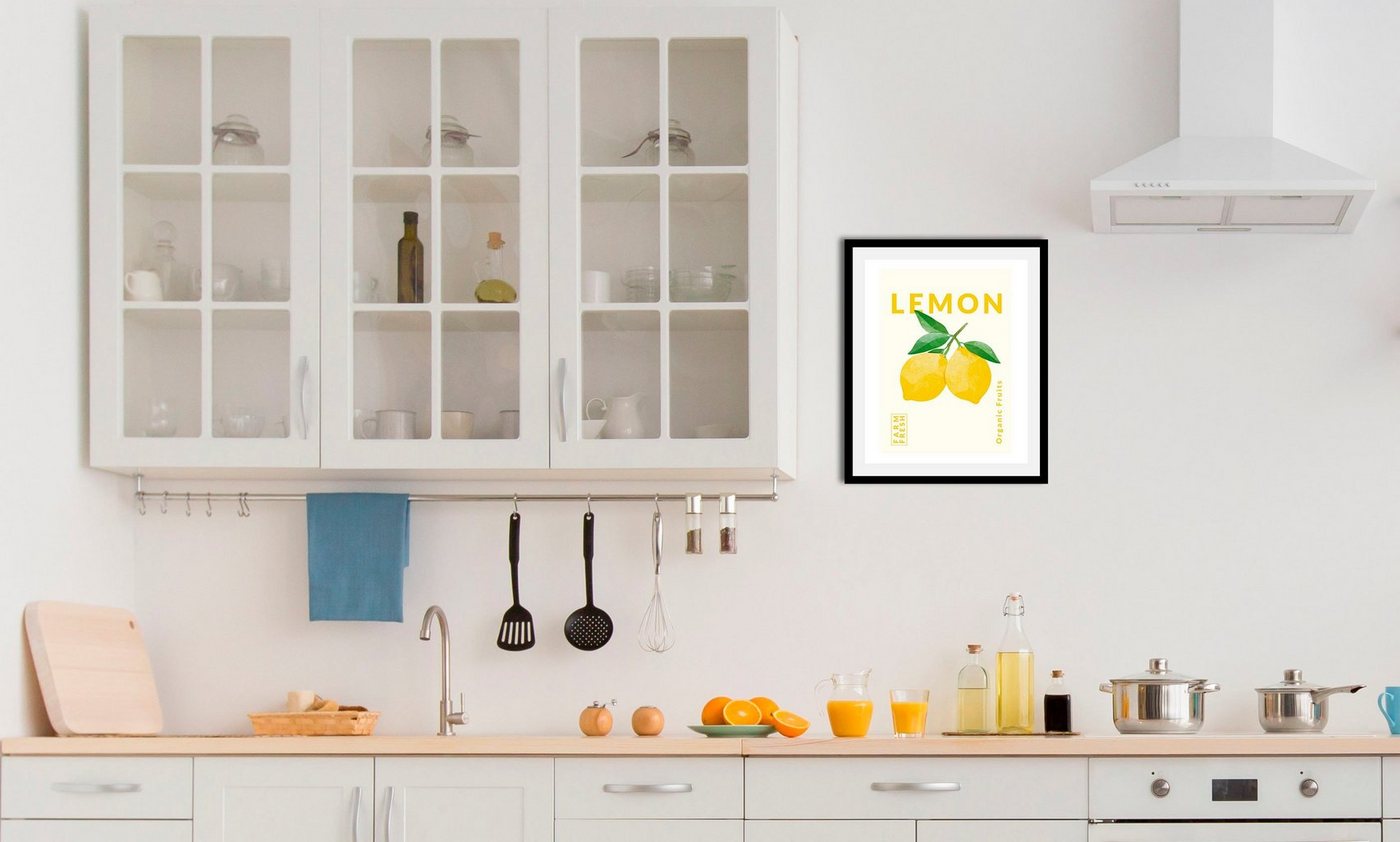 queence Bild Lemon, Abstrakt, Figuren, Obst, Obst Bilder, Schriftzug (1 St), gerahmt von queence