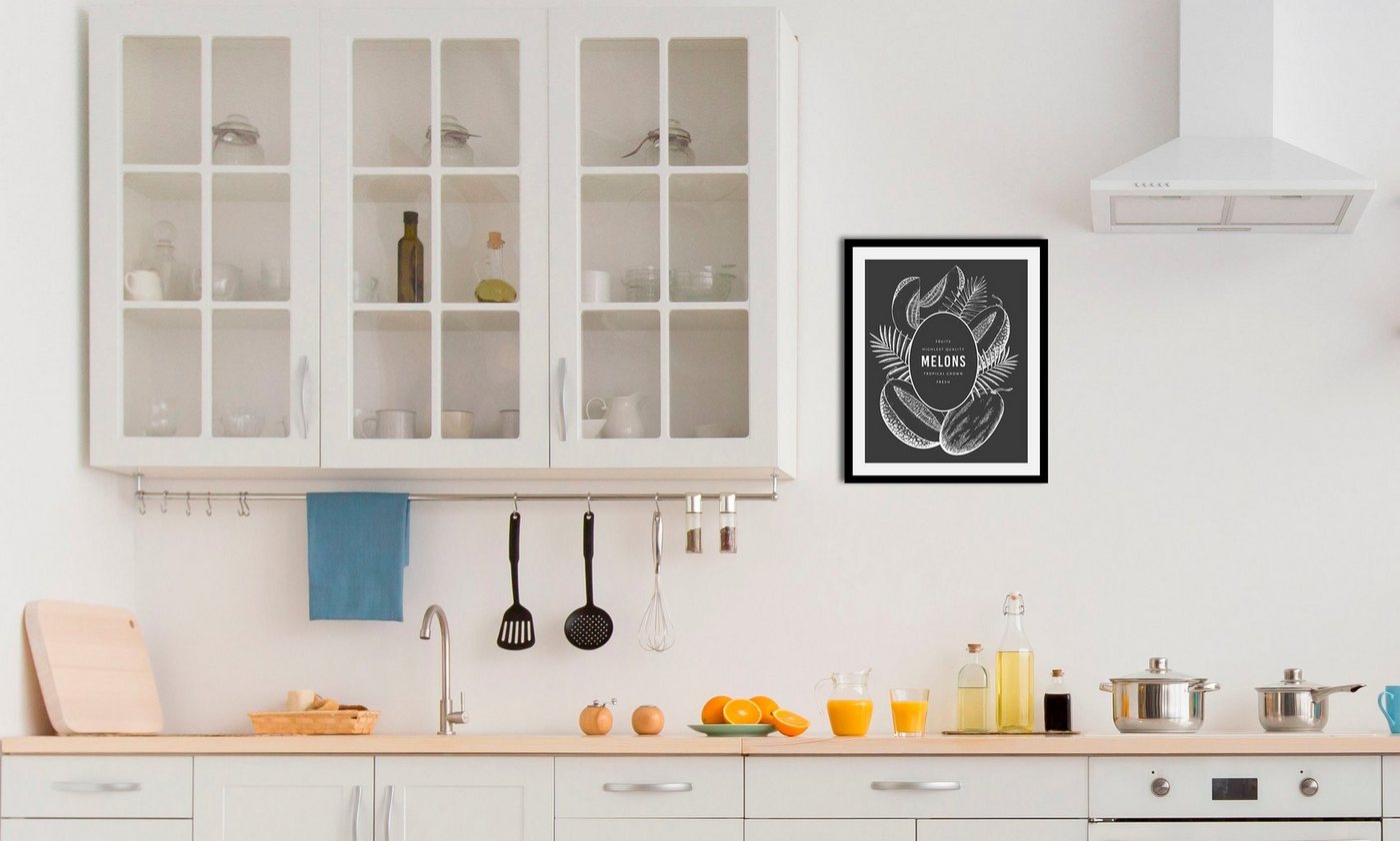 queence Bild Melons, Kunst, Obst, Obst Bilder, Schwarz-Weiß (1 St), gerahmt von queence