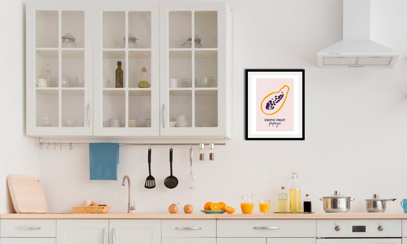 queence Bild Papaya, Kunst, Obst, Obst Bilder, Schriftzug (1 St), gerahmt von queence