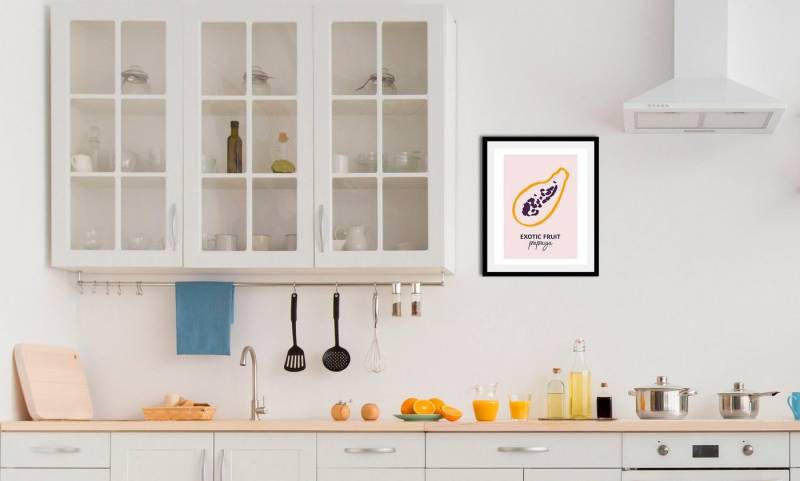 queence Bild Papaya, Kunst, Obst, Obst Bilder, Schriftzug (1 St), gerahmt von queence