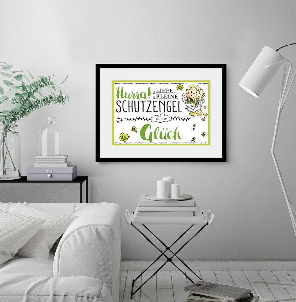 queence Bild Schutzengel Glück, Blumen, Engel, Himmel, Liebessprüche, Schriftzug, Sprüche & Texte, Stern, Sterne (1 St), HD Premium Poster-Druck inkl. Holzrahmen von queence