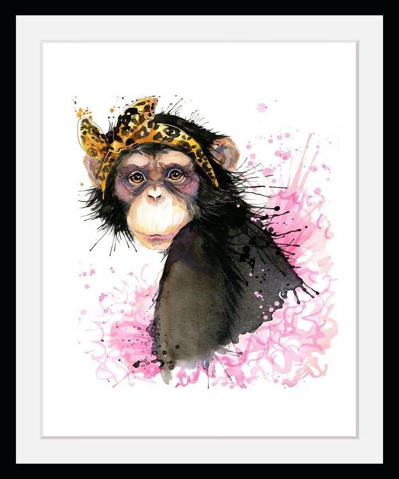 queence Bild mit Rahmen Affenmotive - Affensprüche - Gerahmter Digitaldruck - Wandbild, Affe mit Haarband (1 St), Holzrahmen - Dekoration - Schwarzer Rahmen - in verschiedenen Größen von queence