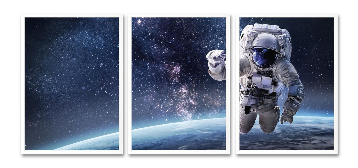 queence Bild mit Rahmen Astronaut - Weltall - Weltraum - Gerahmter Digitaldruck - Wandbild, Astronaut (3er-Set), 3x 30x40 cm - Holzrahmen - Dekoration - Weißer Rahmen - Triptychon von queence