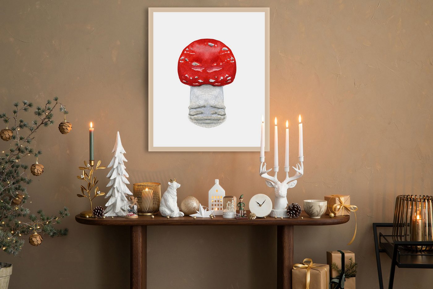 queence Bild mit Rahmen Fliegenpilz, Jahreszeiten, Weihnachten (1 St), Premium Rahmenbild, liebevolle Handarbeit von queence