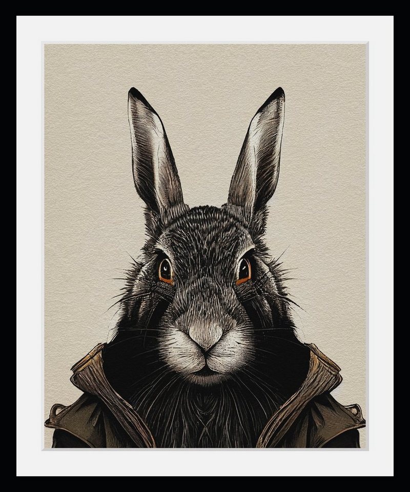 queence Bild mit Rahmen Hase - Rabbit - Ostern - Gerahmter Digitaldruck - Wandbild, Hase (1 St), Holzrahmen - Dekoration - Schwarzer Rahmen - in verschiedenen Größen von queence