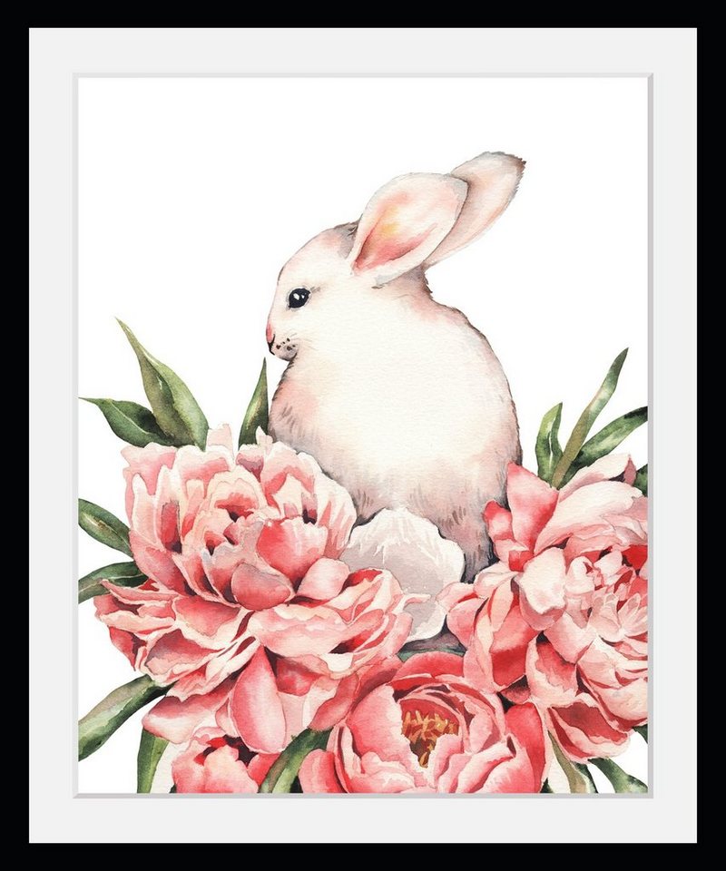 queence Bild mit Rahmen Hase - Rosen - Ostern - Gerahmter Digitaldruck - Wandbild, Hase und Rosen (1 St), Holzrahmen - Dekoration - Schwarzer Rahmen - in verschiedenen Größen von queence