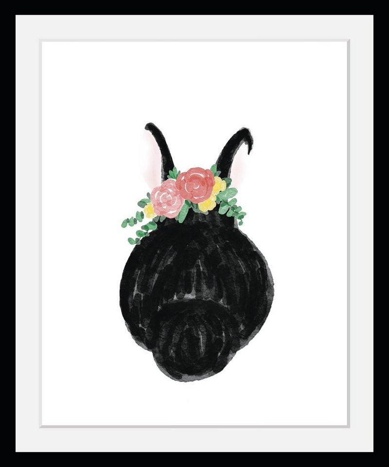 queence Bild mit Rahmen Hasenkopf mit Blumen - Ostern - Gerahmter Digitaldruck - Wandbild, Hase (1 St), Holzrahmen - Dekoration - Schwarzer Rahmen - in verschiedenen Größen von queence