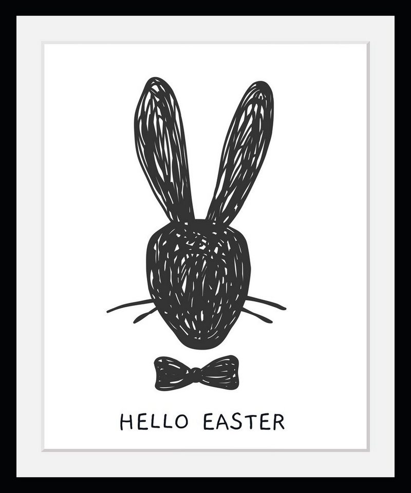 queence Bild mit Rahmen Hello Easter - Hase - Ostern - Gerahmter Digitaldruck - Wandbild, Hasenkopf (1 St), Holzrahmen - Dekoration - Schwarzer Rahmen - in verschiedenen Größen von queence