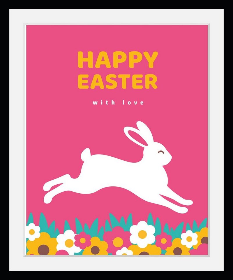 queence Bild mit Rahmen Ostern - Happy Easter - Gerahmter Digitaldruck - Wandbild, Hase und Blumen (1 St), Holzrahmen - Dekoration - Schwarzer Rahmen - in verschiedenen Größen von queence