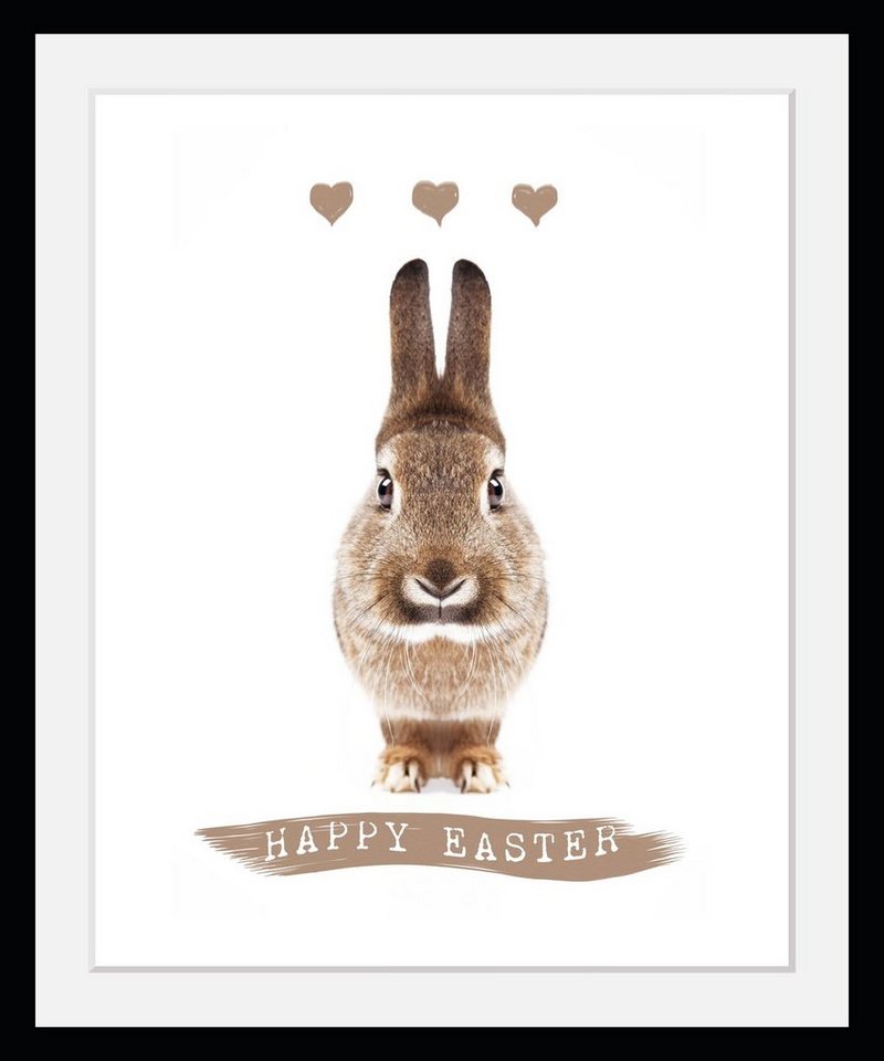 queence Bild mit Rahmen Ostern - Hase - Gerahmter Digitaldruck - Wandbild, Happy Easter (1 St), Holzrahmen - Dekoration - Schwarzer Rahmen - in verschiedenen Größen von queence