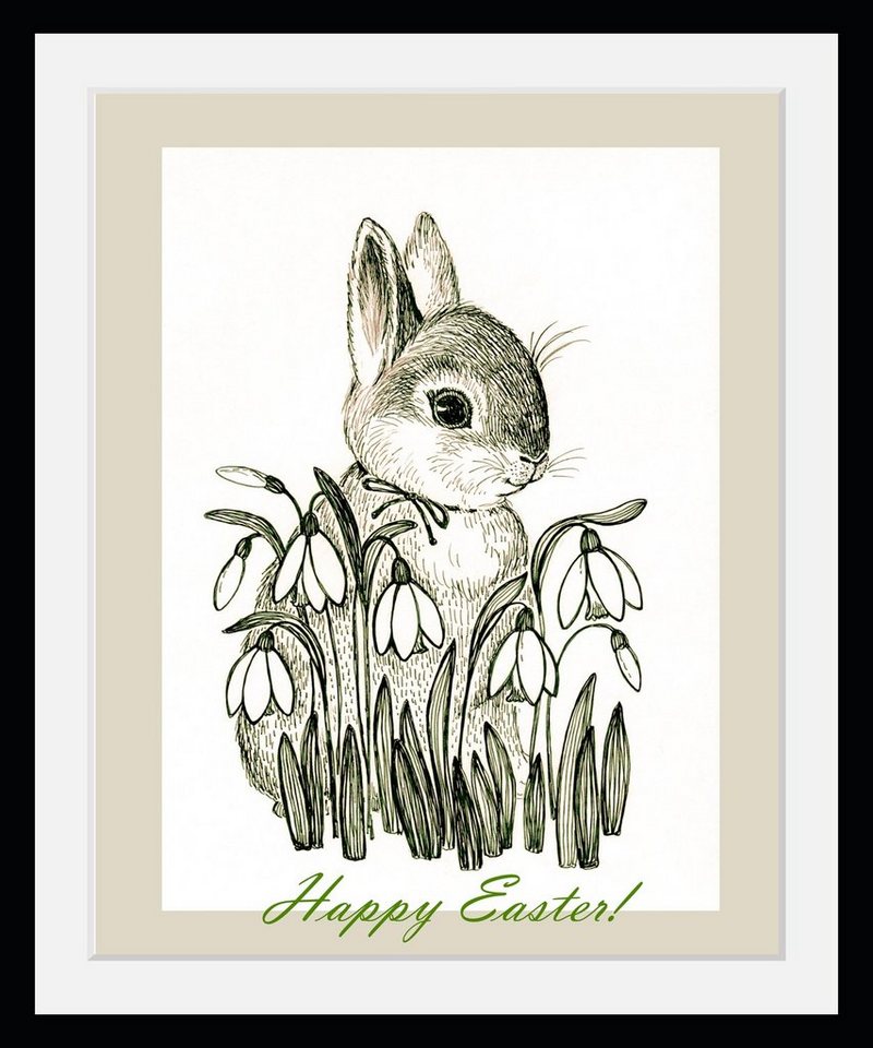 queence Bild mit Rahmen Ostern - Hase - Gerahmter Digitaldruck - Wandbild, Happy Easter (1 St), Holzrahmen - Dekoration - Schwarzer Rahmen - in verschiedenen Größen von queence