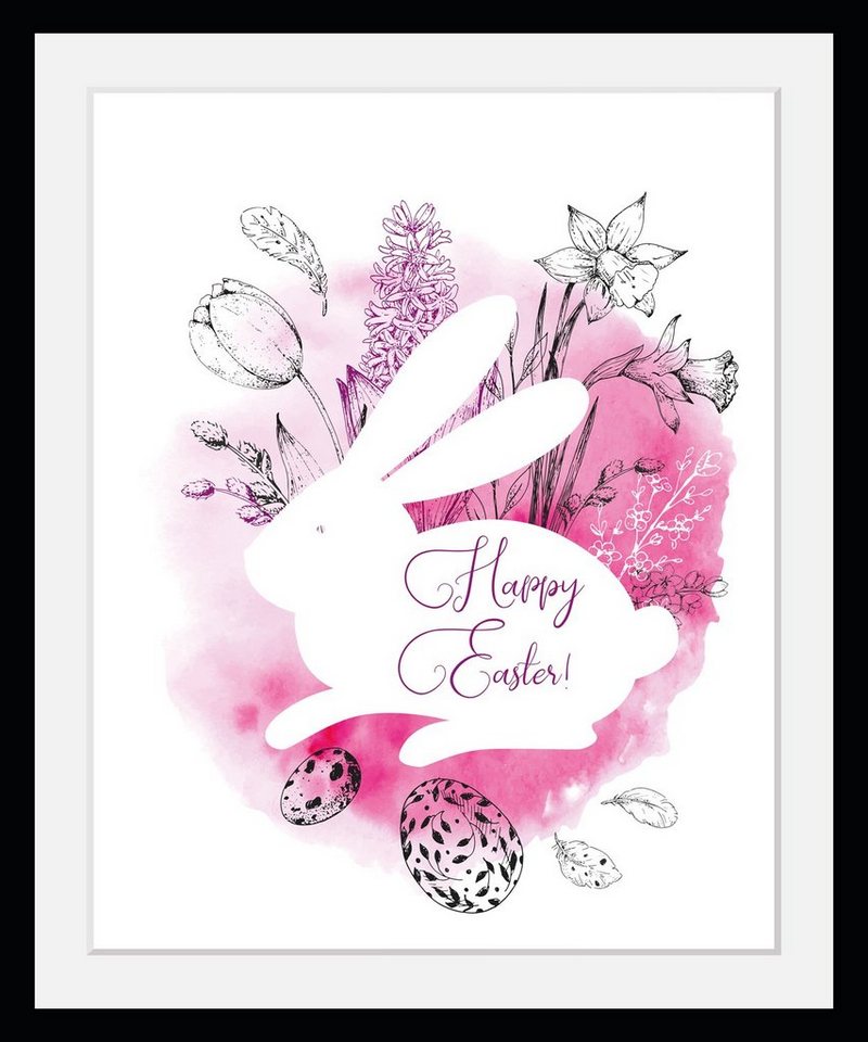 queence Bild mit Rahmen Ostern - Hase - Pink - Gerahmter Digitaldruck - Wandbild, Happy Easter (1 St), Holzrahmen - Dekoration - Schwarzer Rahmen - in verschiedenen Größen von queence