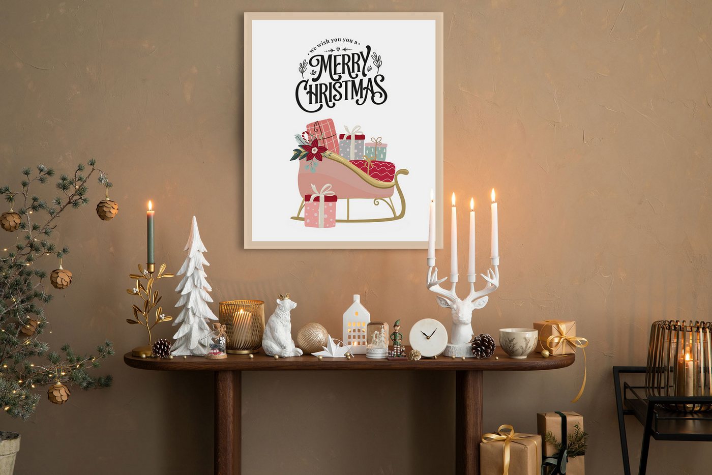 queence Bild mit Rahmen Schlitten, Jahreszeiten, Kutschen, Schriftzug, Weihnachten (1 St), Premium Rahmenbild, liebevolle Handarbeit von queence