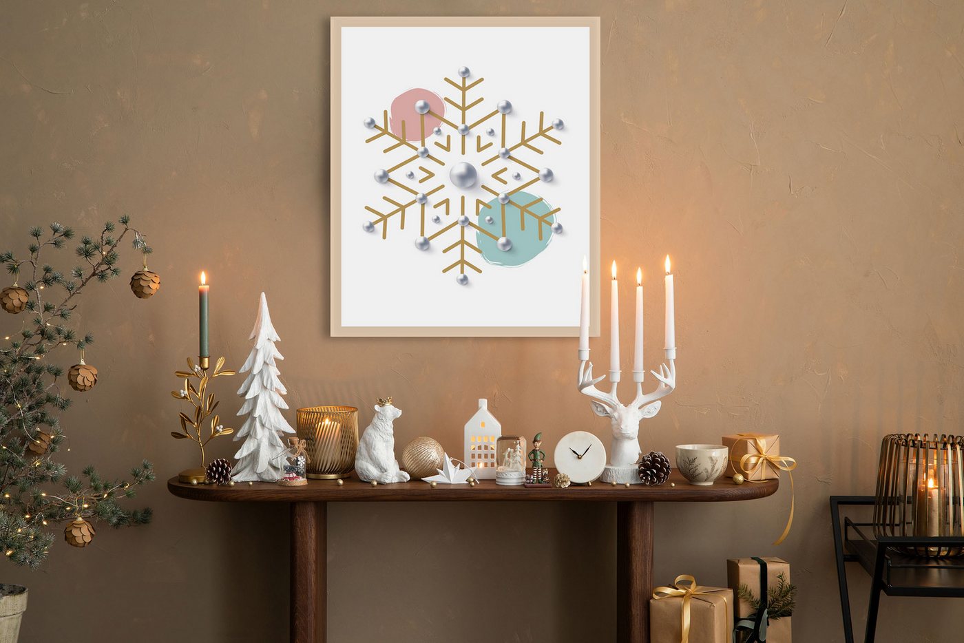 queence Bild mit Rahmen Schneeflocke gold, Jahreszeiten, Schneeflocke, Schneeflocken, Weihnachten (1 St), Premium Rahmenbild, liebevolle Handarbeit von queence
