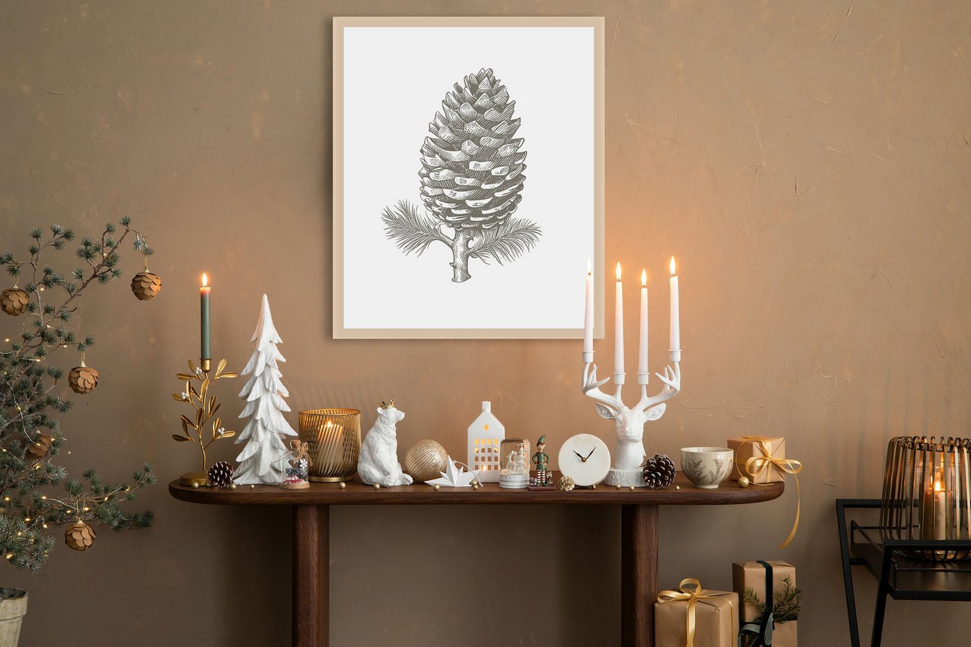 queence Bild mit Rahmen Tannenzapfen, Jahreszeiten, Weihnachten (1 St), Premium Rahmenbild, liebevolle Handarbeit von queence