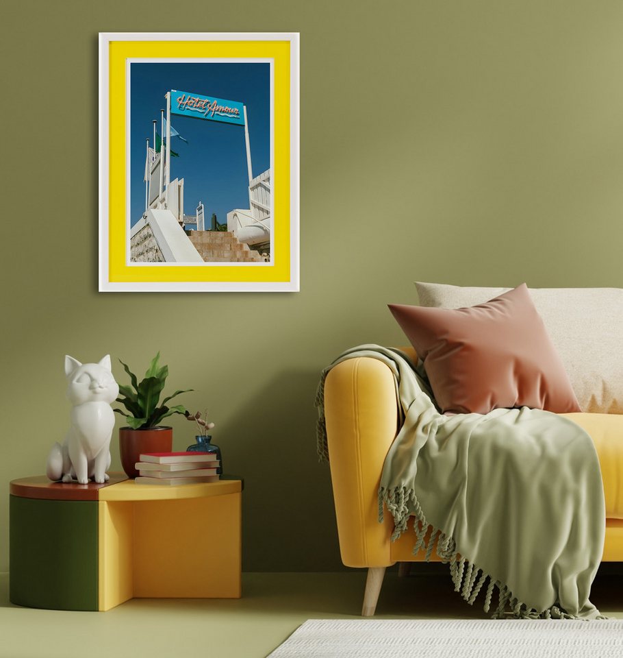 queence Bild mit Rahmen Treppe, Schild, gelb, Schriftzug, Schriftzüge (1 St), Poster mit buntem Acrylglas Passepartout von queence