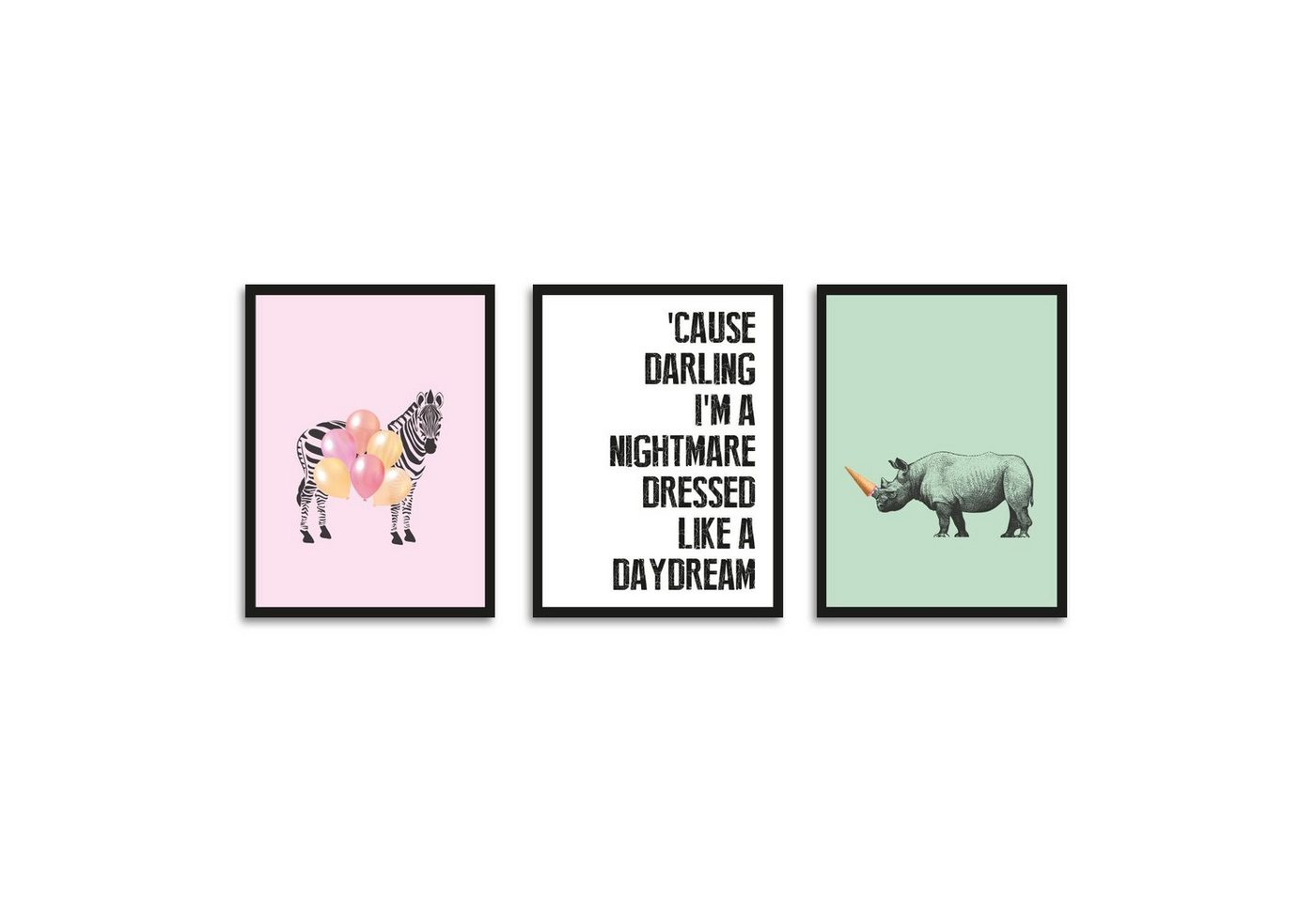 queence Bild mit Rahmen Zebra - Nashorn - Spruch - Gerahmter Digitaldruck - Wandbild, Zebra/Nashorn/Spruch (3er-Set), 3x 30x40 cm - Holzrahmen - Dekoration - Schwarzer Rahmen - Triptychon von queence