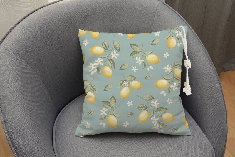 queence Dekokissen Zitronen am Ast mit Blüte, Outdoor-Kissen mit Öse und dicker Stoffkordel von queence