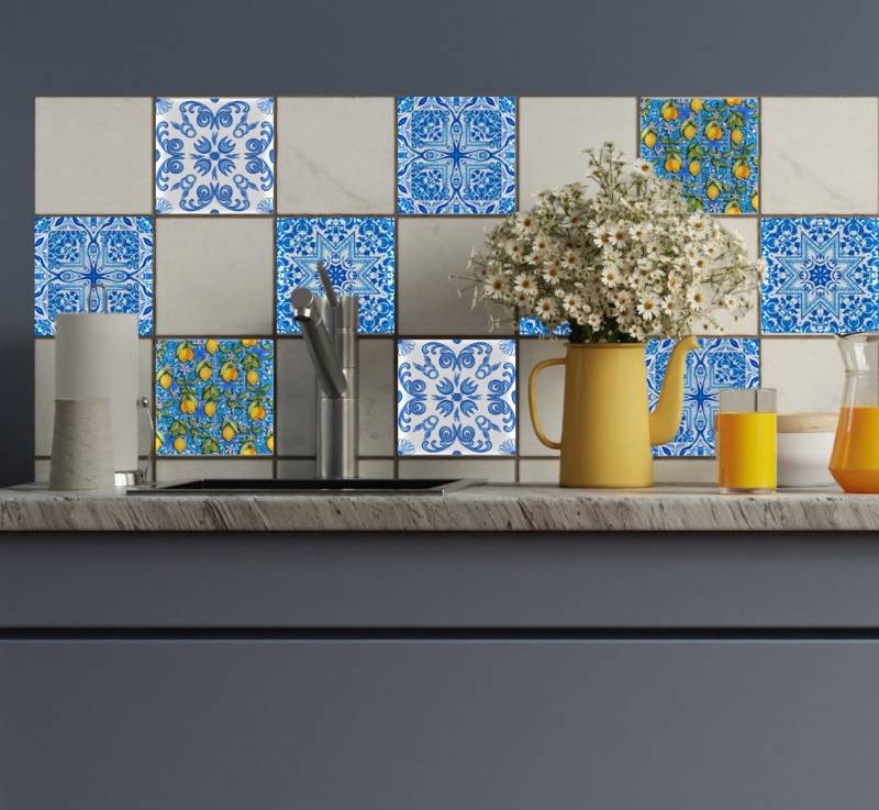 queence Fliesenaufkleber Blaue Ornamente mit Zitronen (12 St), selbstklebend, 12er Set von queence