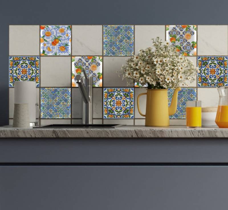 queence Fliesenaufkleber Ornamente mit Orangen (12 St), selbstklebend, 12er Set von queence
