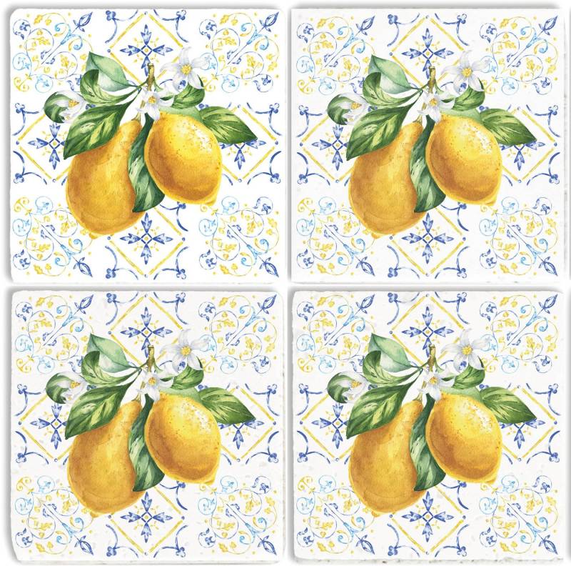 queence Getränkeuntersetzer Zitronen Mosaik Motiv Fliesen Steine, Set, 4-tlg., Zitronen Set Topfuntersetzer Naturstein Untersetzer 10x10x1cm von queence
