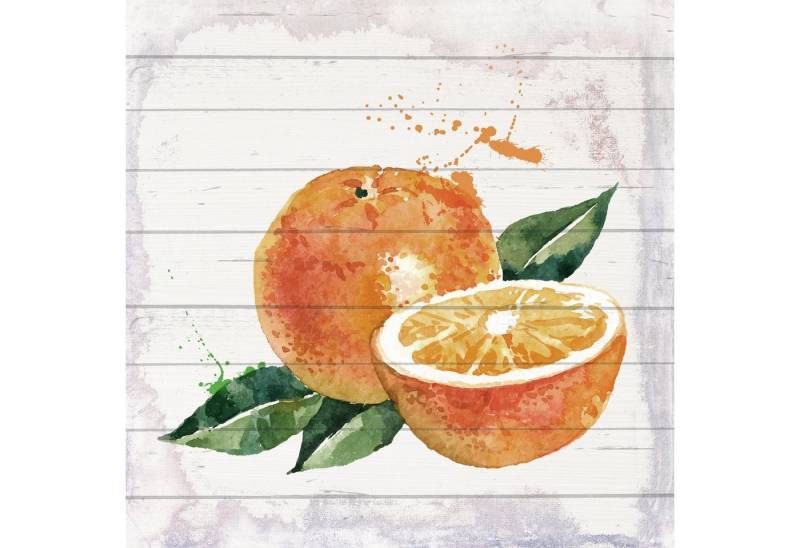 queence Holzbild Plank - Echtholz - Früchte - Obst - Stillleben, Wanddeko aus Holz, Orange (1 St), - mit Aufhängung für die Wand von queence