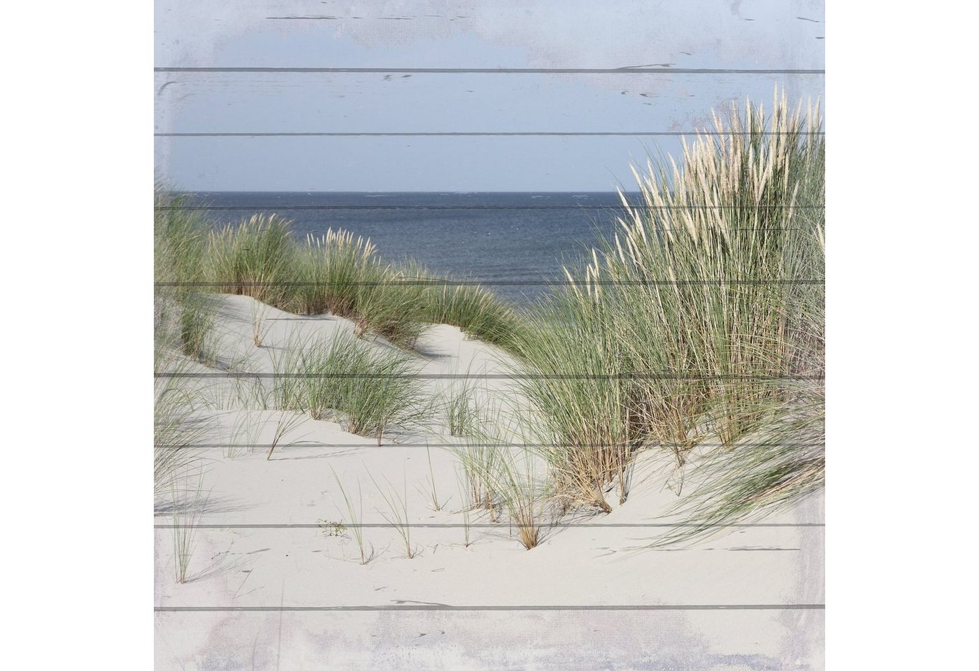 queence Holzbild Plank - Echtholz - Strand - Meer - Urlaub, Wandbild aus Holz, Düne 2 (1 St), 50x50x2 cm - mit Aufhängung für die Wand - Verschiedene Motive von queence