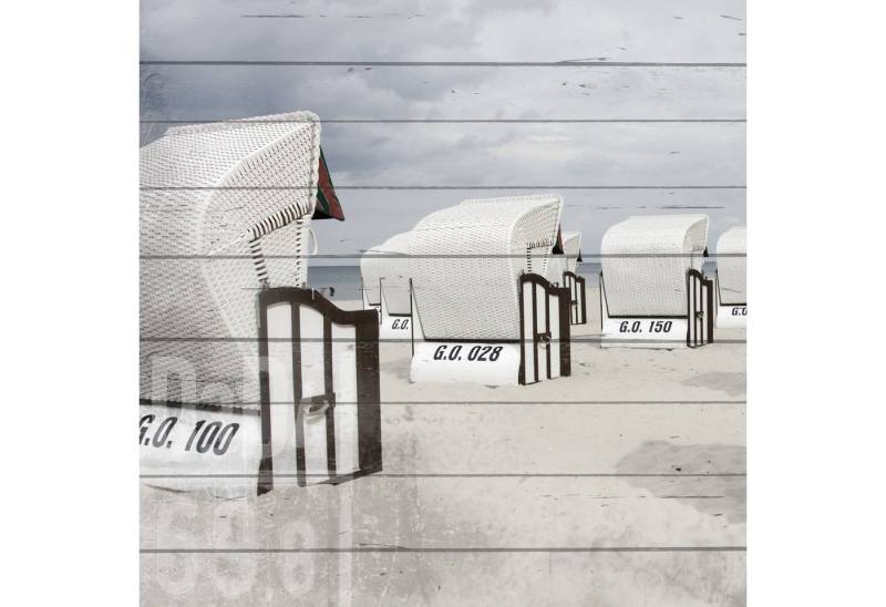queence Holzbild Plank - Echtholz - Strand - Meer - Urlaub, Wandbild aus Holz, Strandkörbe 1 (1 St), 50x50x2 cm - mit Aufhängung für die Wand - Verschiedene Motive von queence