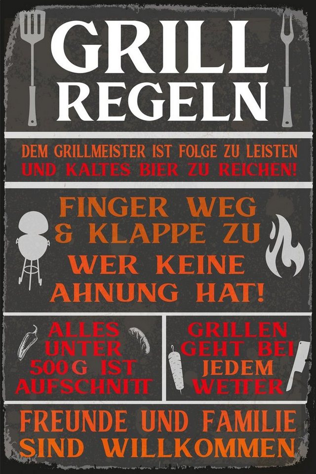 queence Metallbild Grillregeln, Essen, Geschirr & Besteck, Getränke, Schriftzug, Sprüche, Sprüche & Texte, Vintage (1 St), 20x30cm inkl. Aufhängung, Outdoor geeignet von queence