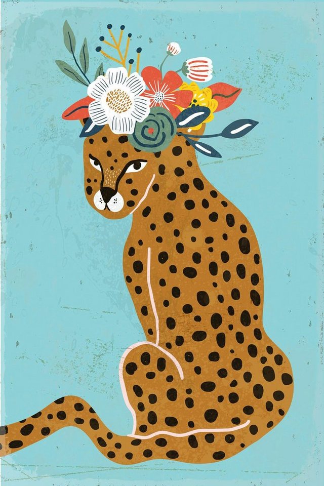 queence Metallbild Leopard, Blumen, Leopard, Sprüche (1 St), Stahlschild, Blechschild, Leopard mit Blumenkranz von queence