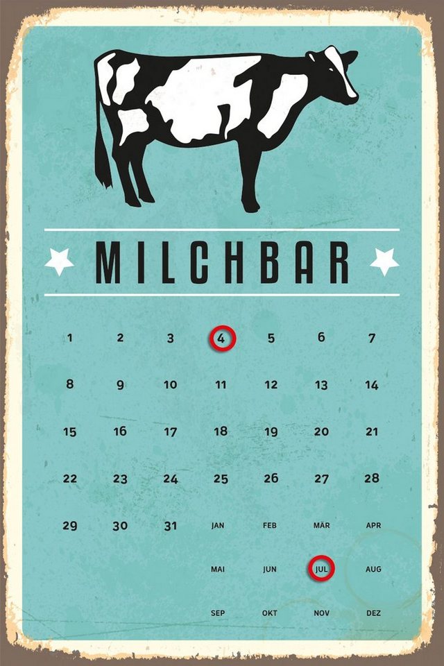 queence Metallschild Milchbar - Kalender - Blechschild - Stahlschild, 30x45x0,1 cm von queence