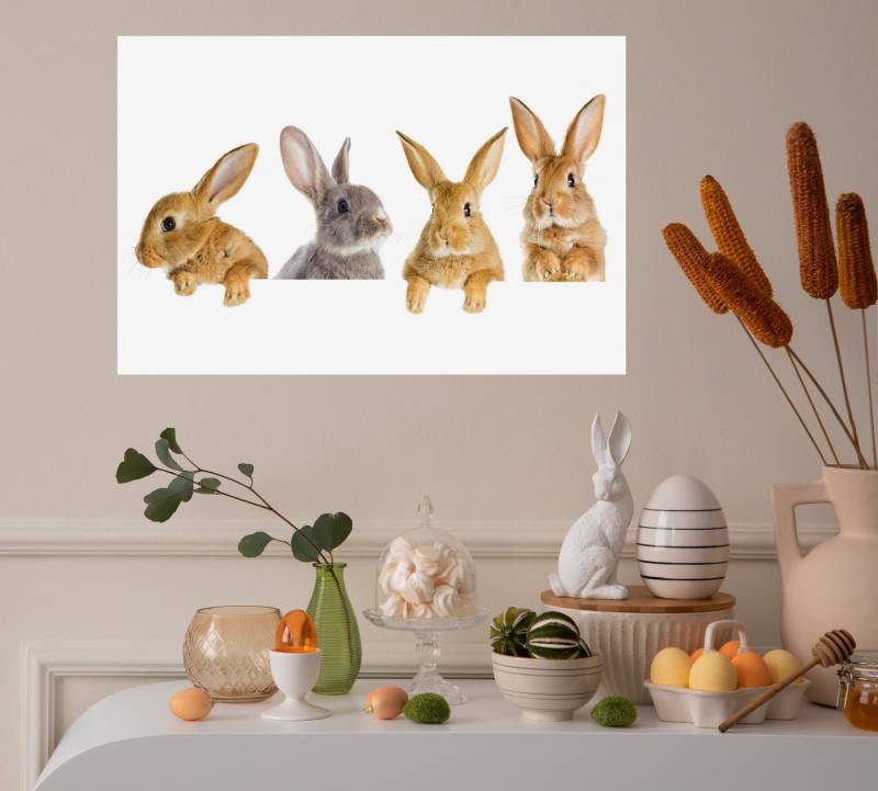 queence Wandbild Hasen, Sticker, selbstklebend, niedlich, Tiermotiv, Bild, Blumenkranz, 4Hasen, selbstklebend von queence