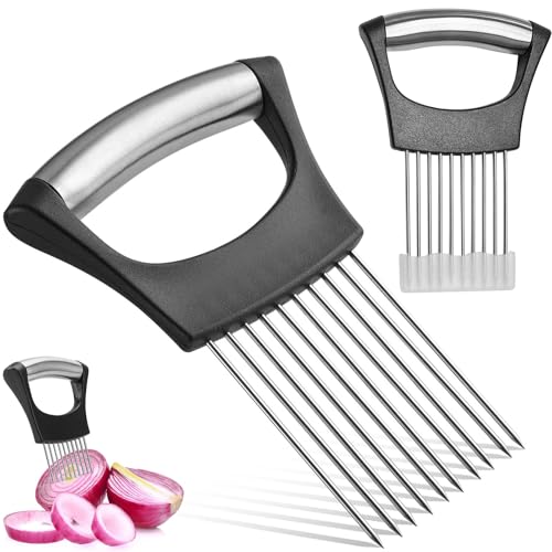 2 Stück Zwiebelscheibenhalter aus Edelstahl,Schneidehilfswerkzeug für Fleisch,Gemüseschneider, Tomate, Zwiebel Halter Slicer, Gemüse, Obst Handy-Slicer, Kartoffel Slicer von qufzdopv