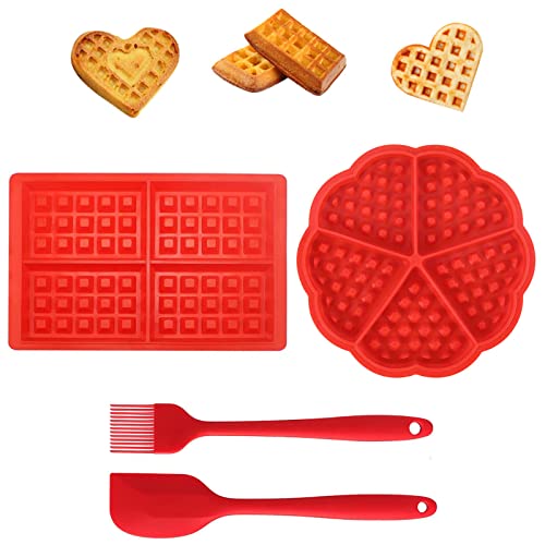 4 Stück Silikon Waffelform,mit Teigschaber und Pinsel,Silikon Waffeln Backform Antihaft Silikonformen Set für Kinder Muffins Keks Kochen Küche Backen von qufzdopv