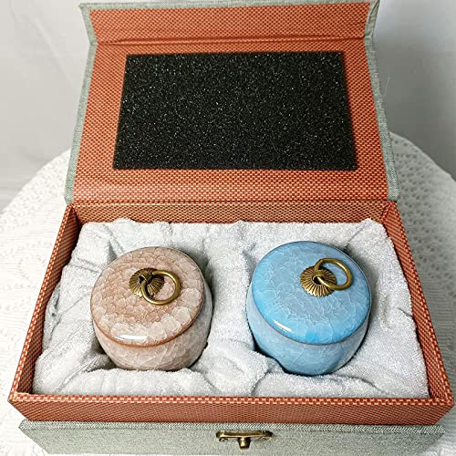 Kleine Urne für menschliche Asche, handgefertigte Keramik-Urne, schöne kleine Andenken-Urnen für Haustier oder Menschen, mit Premium-Geschenkbox ((beige: 1 Stück + blau: 1 Stück)) von qufzdopv