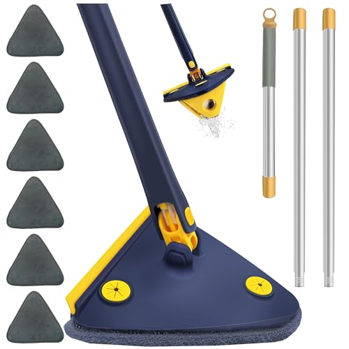 360° Drehbarer Verstellbarer Reinigungsmopp with 6 Replacement Heads Microfibre Mop Set, Dreieck Automatischer Mit Auswring Teleskop-Spin Mop für Boden Decke Wand Fenster Nass und Trocken (Blue) von quskay